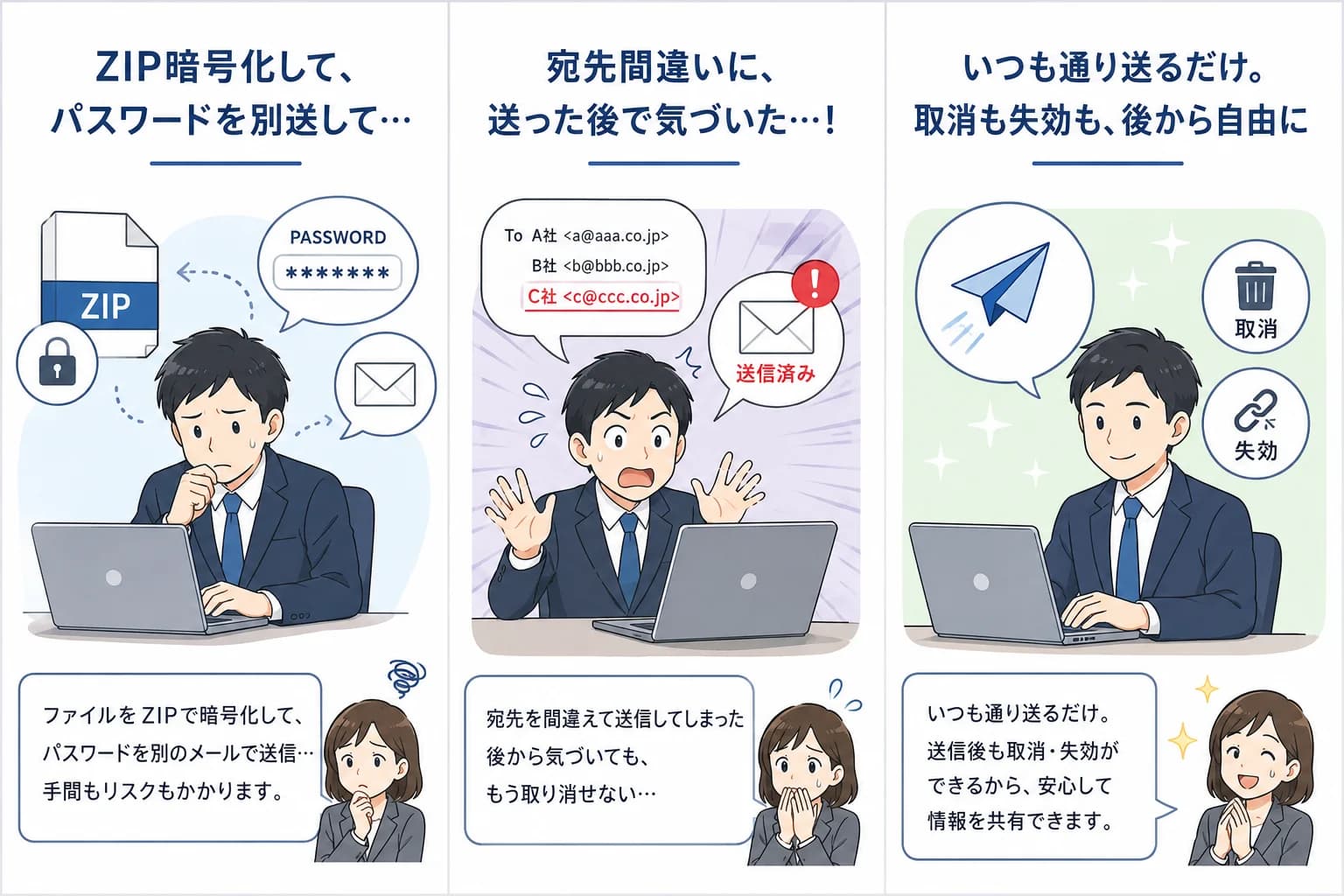 ビフォーアフター3コマ: ZIP暗号化してパスワードを別送する手間に悩む → 宛先間違いに送った後で気づいても取り消せない → 導入後はいつも通り送るだけで、取消も失効も後から自由