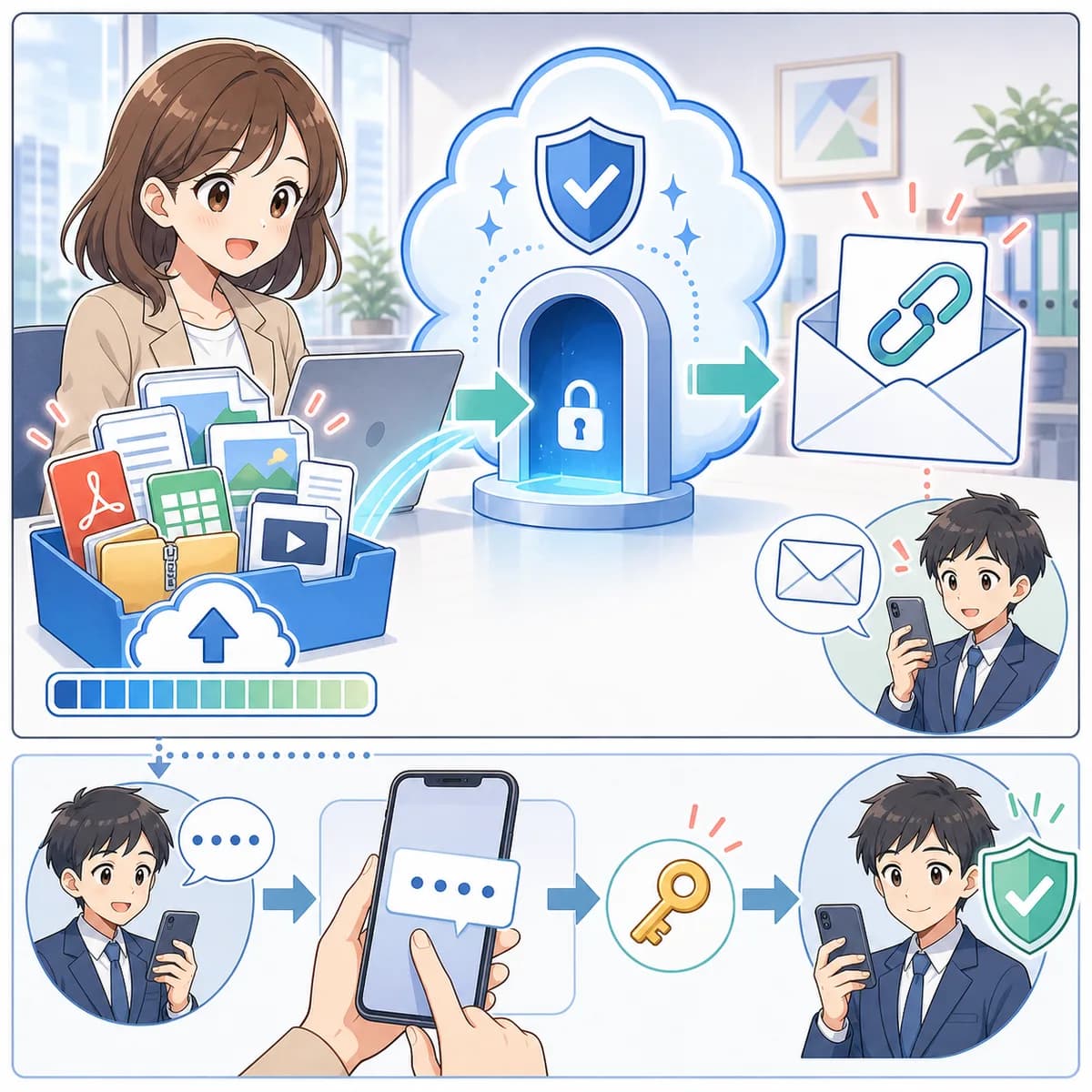 大容量ファイルをリンク化し受信者本人確認で開くマンガイラスト